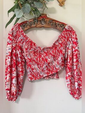 Free People East to West Smocked Off Shoulder Floral Crop Top NWT S
